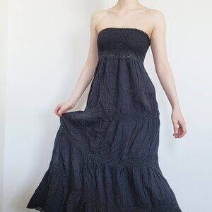Vintage Y2K goth summer black tiered strapless maxi dress with lace cutouts
